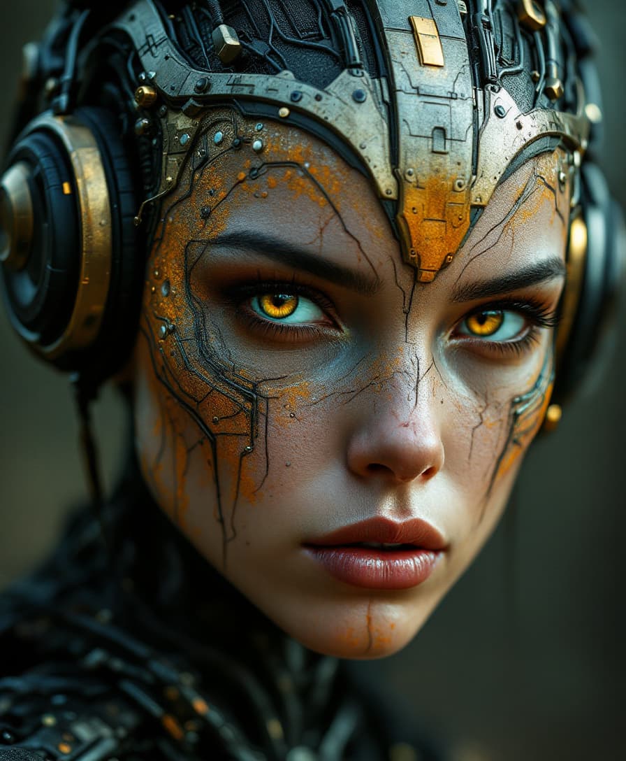 AI generated: Close-up portrait of a young, possibly 20-something,  female cyborg with a complex, intricate design...