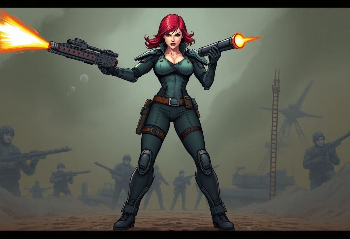 AI generated: comic novel, woman, solider, standing, full body view, cybertronic right arm and left leg, real righ...