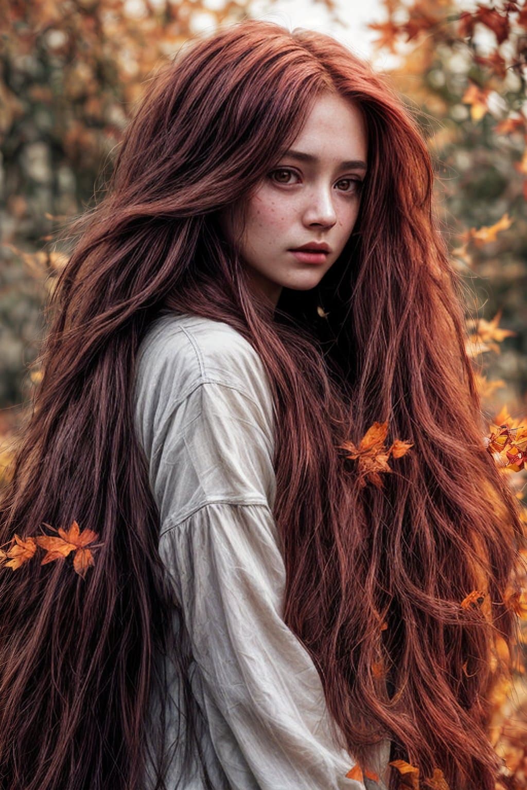 AI generated: (girl with super long hair, hair becoming autumn red leaves:1.3), detailed skin, realistic, photo-re...