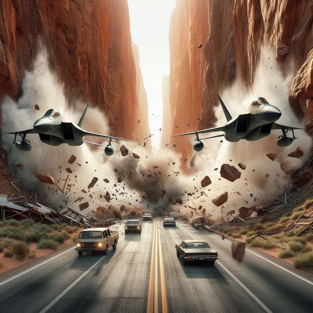 AI generated: A digital CGI image depicting a dramatic scene of two fighter jets crashing into a narrow canyon, ca...