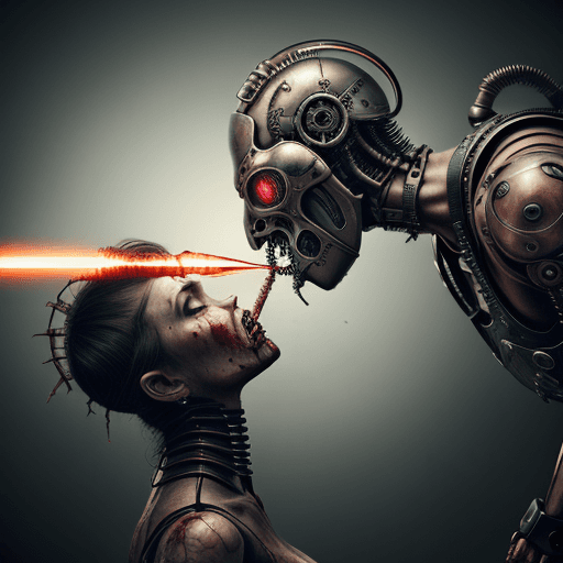 AI generated: Hyper realistic steampunk cyborg chopping the head off an alien, blood, guts, slaughter, giant futur...