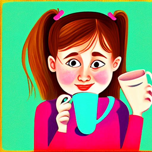 AI generated: puzzled girl holding an upsidedown cup; style: cartoon
