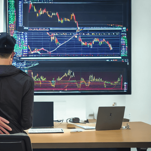 AI generated: a day trader wearing a bull cap, 4K, officee, very realistic, room with several computers, very shar...