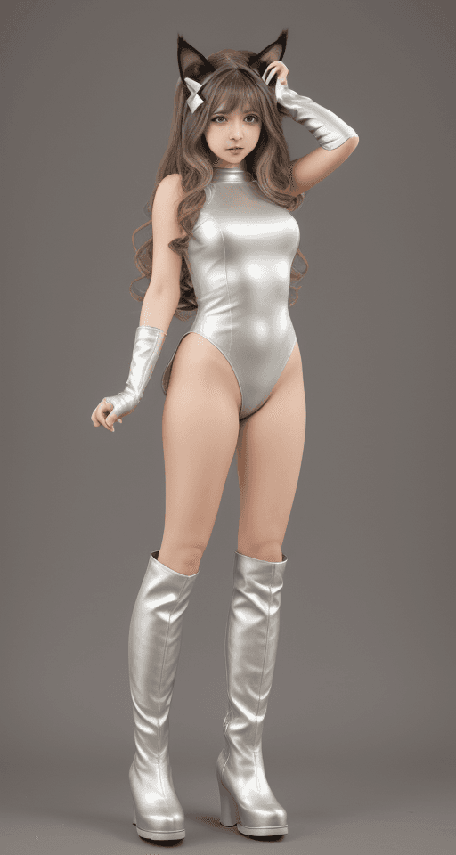 AI generated: Short Young lady, long light beige wavy hair, dark eyes, cat ears, wide hips, silver boots