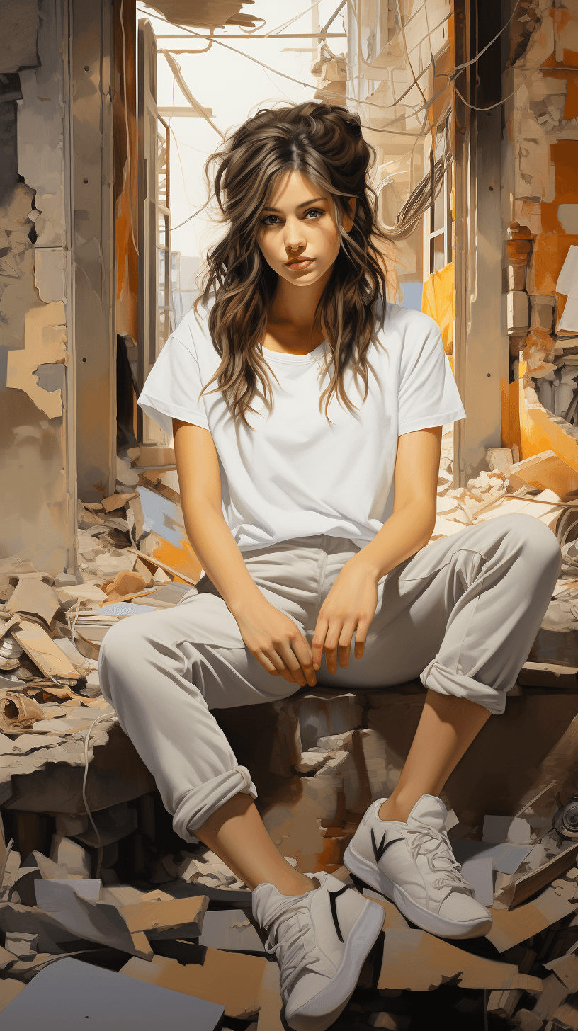 AI generated: a teen girl in white top and jeans is sitting, in the style of xiaofei yue, konica auto s3, light br...