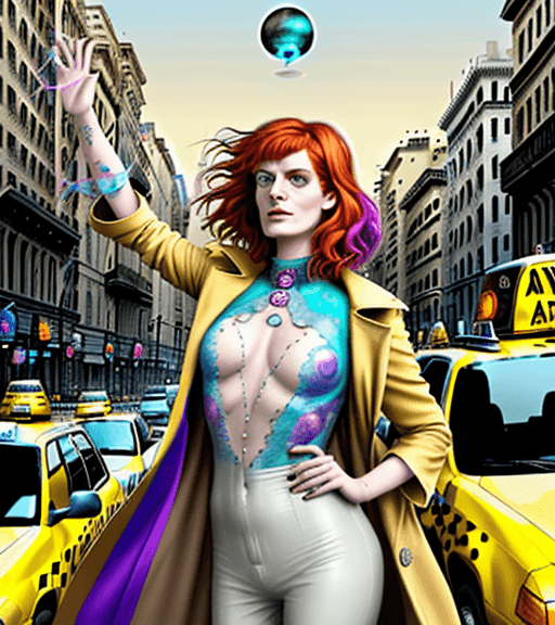 AI generated: Gender reverse Shade the Changing Man from Vertigo Comics into a woman that looks exactly like Flore...