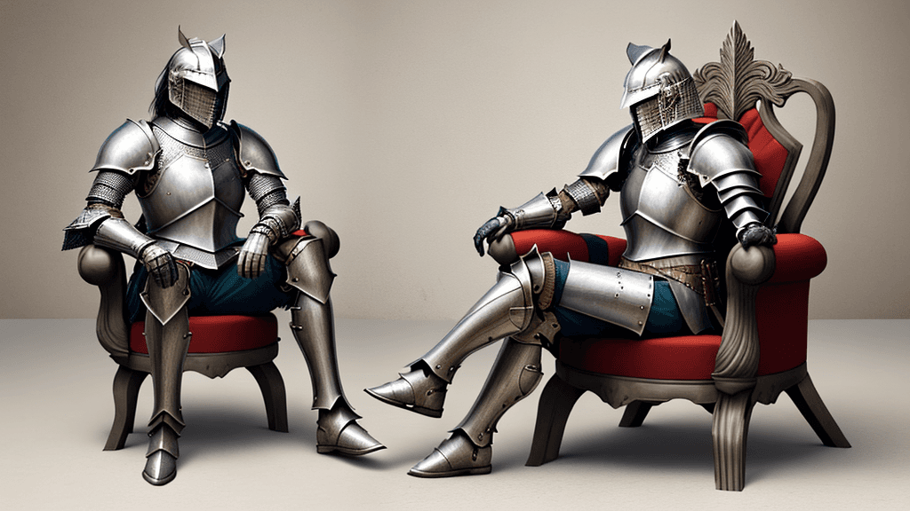 AI generated:  human male Armoured warrior sitting the roale chair
