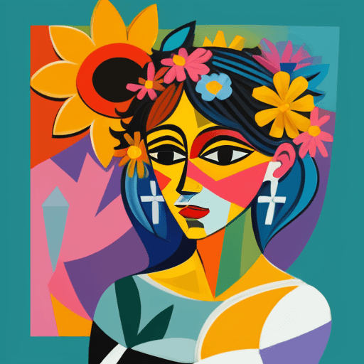 AI generated: commercial illustration of a woman dressed in flowers with flowers in her hair, in the style of cubi...