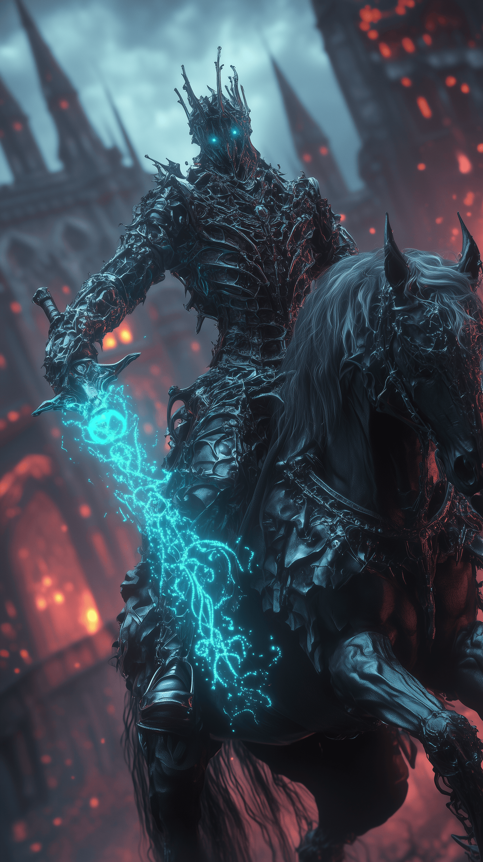AI generated: Massive, imposing figure in dark, ornate armor, riding a dark steed, gothic cathedral setting,  epic...