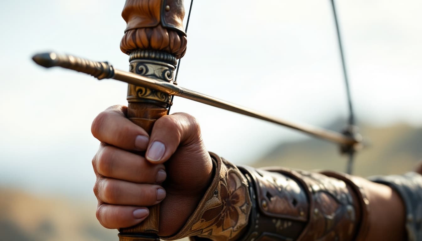 AI generated: hyper realistic .Close-up of Yutab’s bow as she tightens the string, her fingers drawn with precisio...