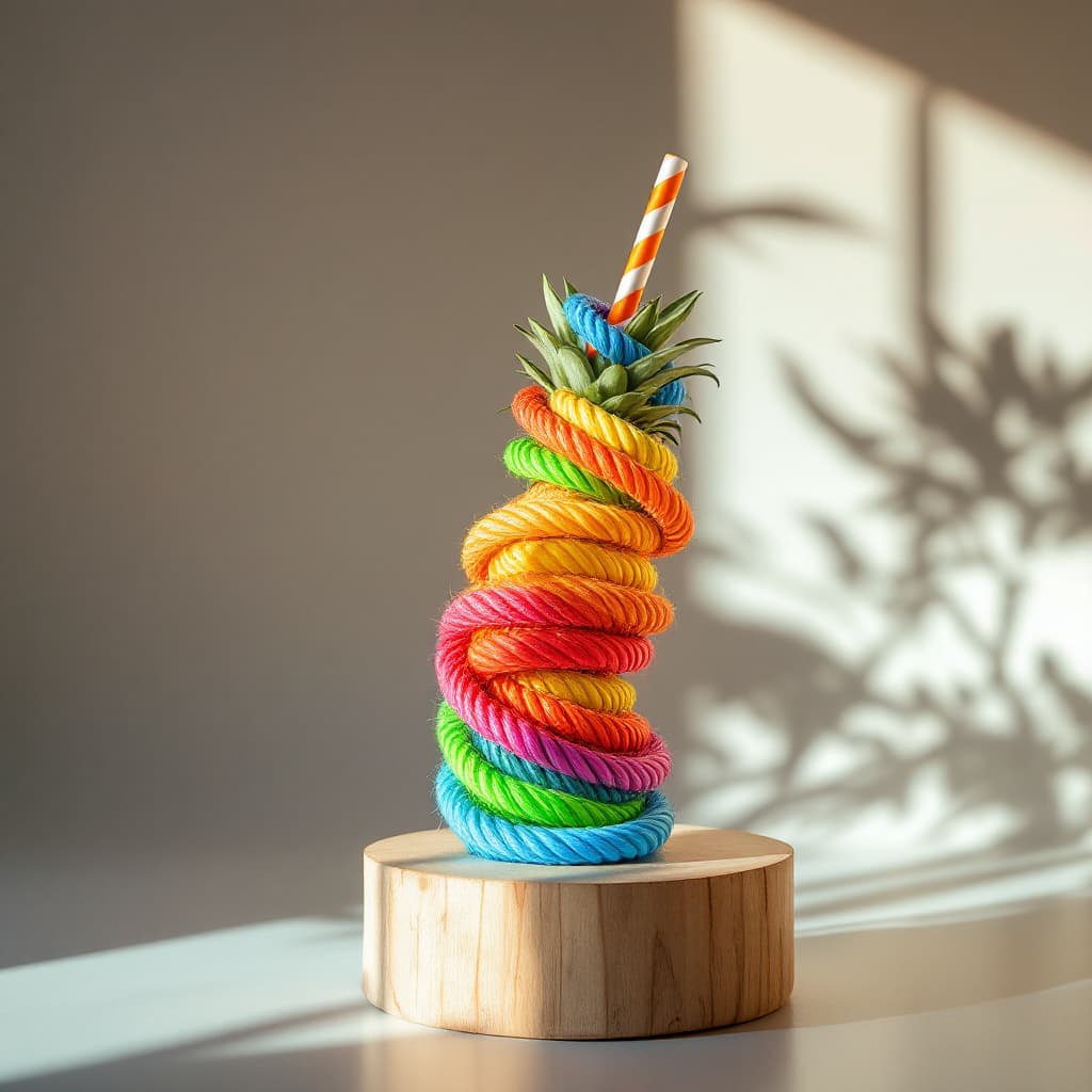 AI generated: high resolution photography, conceptual tropical drink bottle, inspired by rainbow, curved shape for...