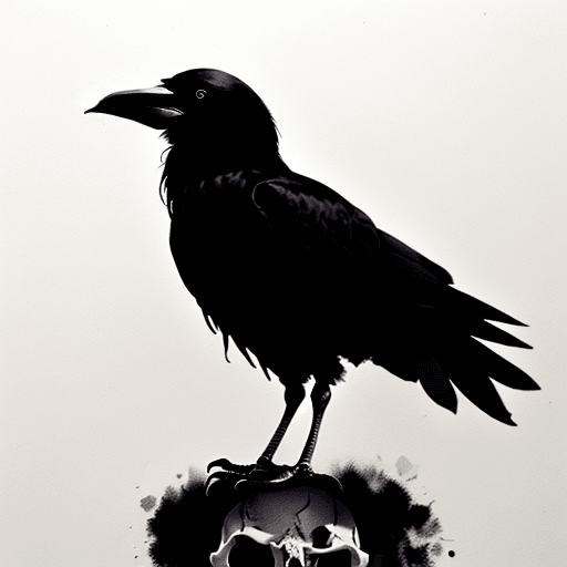 AI generated: black and white realistic crow standing on a skull, digital painting style ink brushstroke and ink l...