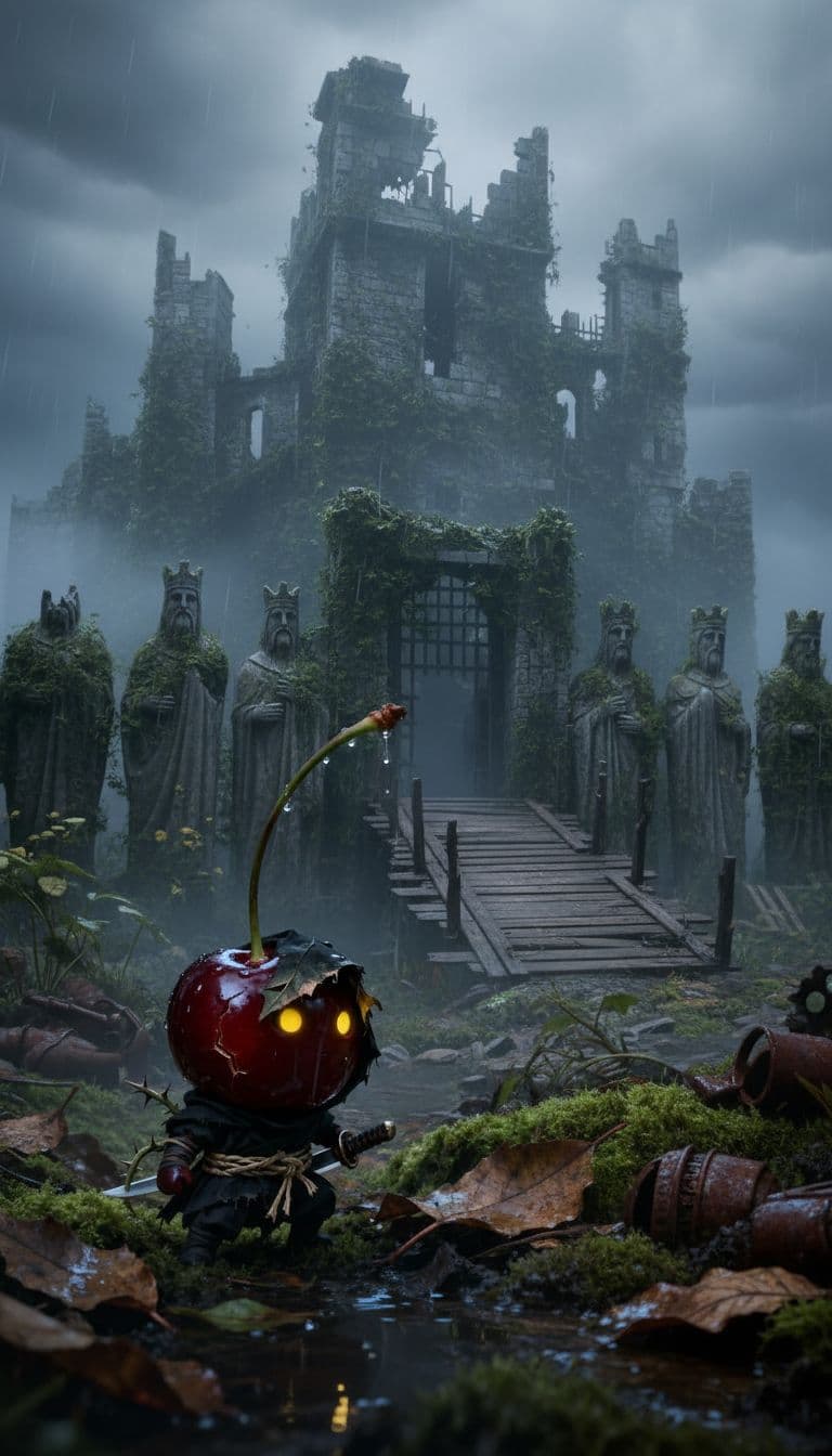AI generated: The character walks towards a massive, ruined castle, half-buried in fog, its towers cracked and its...