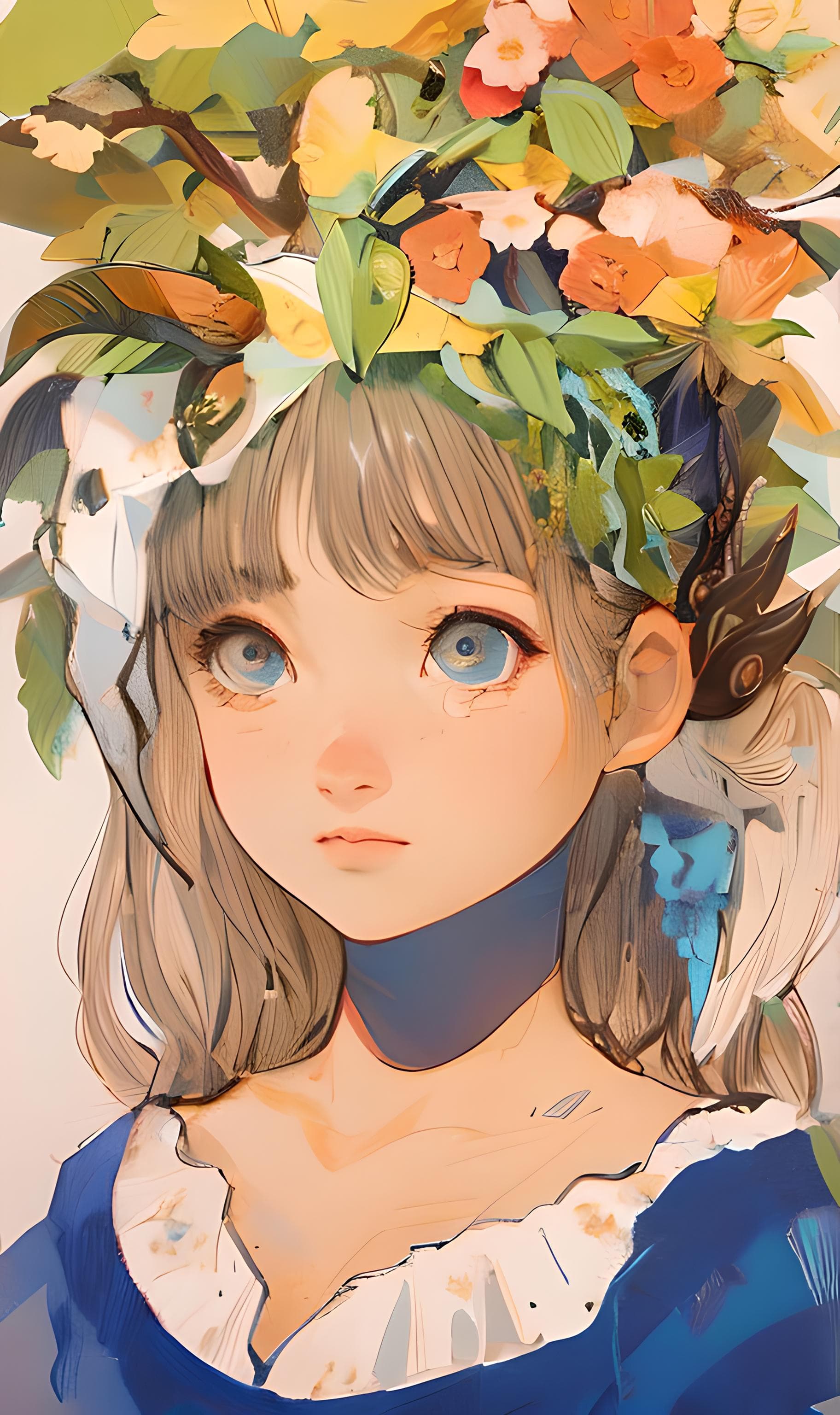 AI generated: a girl with a flower crown on her head, an anime drawing, pixiv contest winner, fantasy art, ufotabl...
