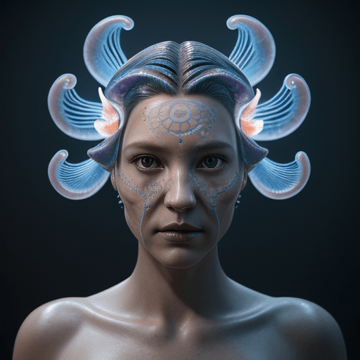 AI generated: Goddess close-up portrait ribcagel. jellyfish phoenix head, nautilus, orchid, skull, betta fish, bio...
