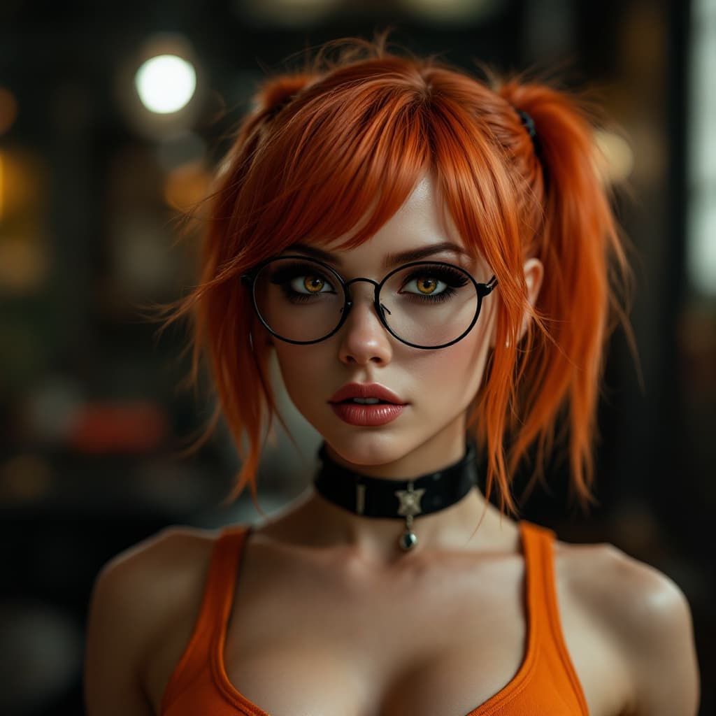 AI generated: Photo of a ultra realistic of velma from scooby-doo, very sultry look, so hot girl, beautiful charis...