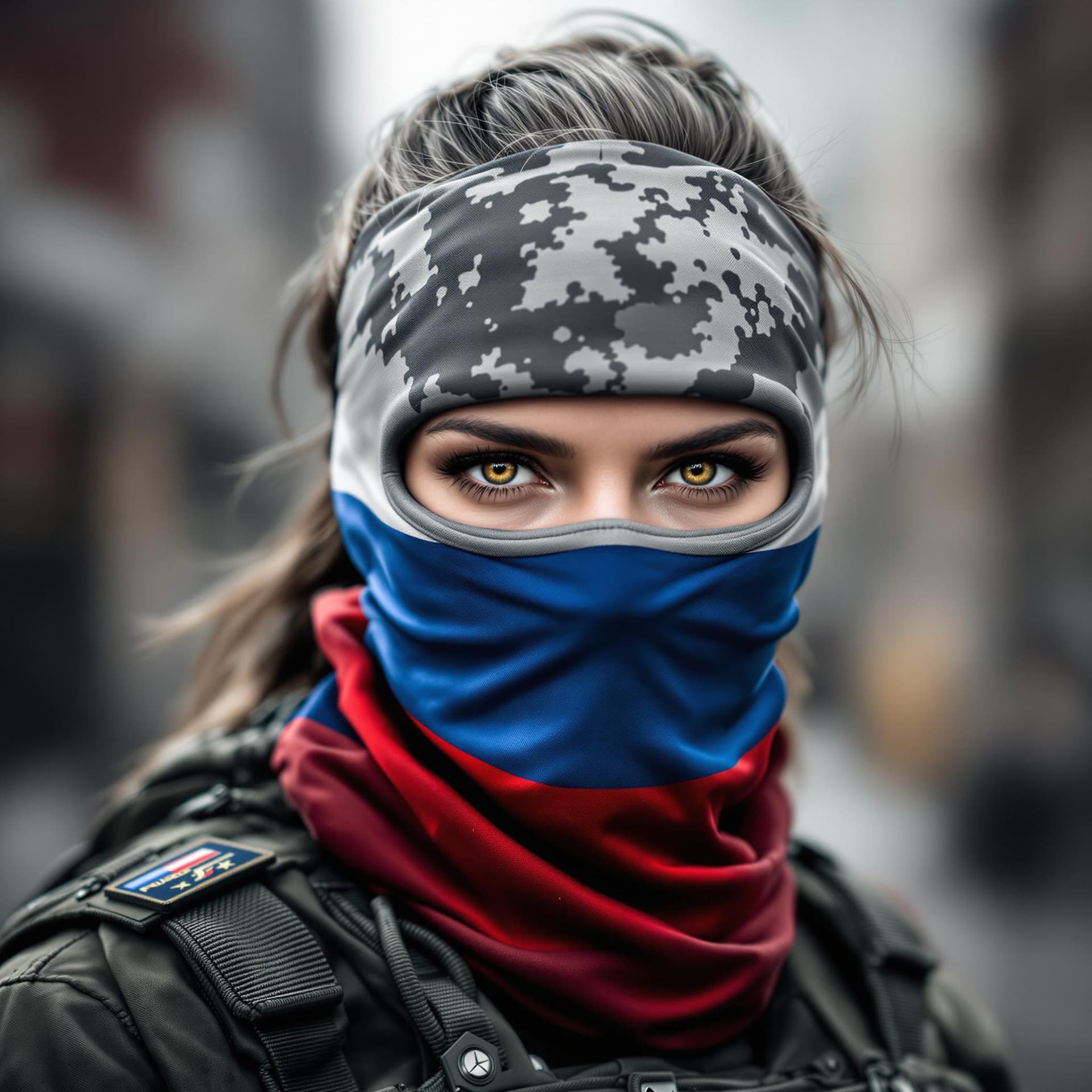 AI generated: Create a striking portrait of a female soldier wearing a tactical mask. The mask is designed with a ...