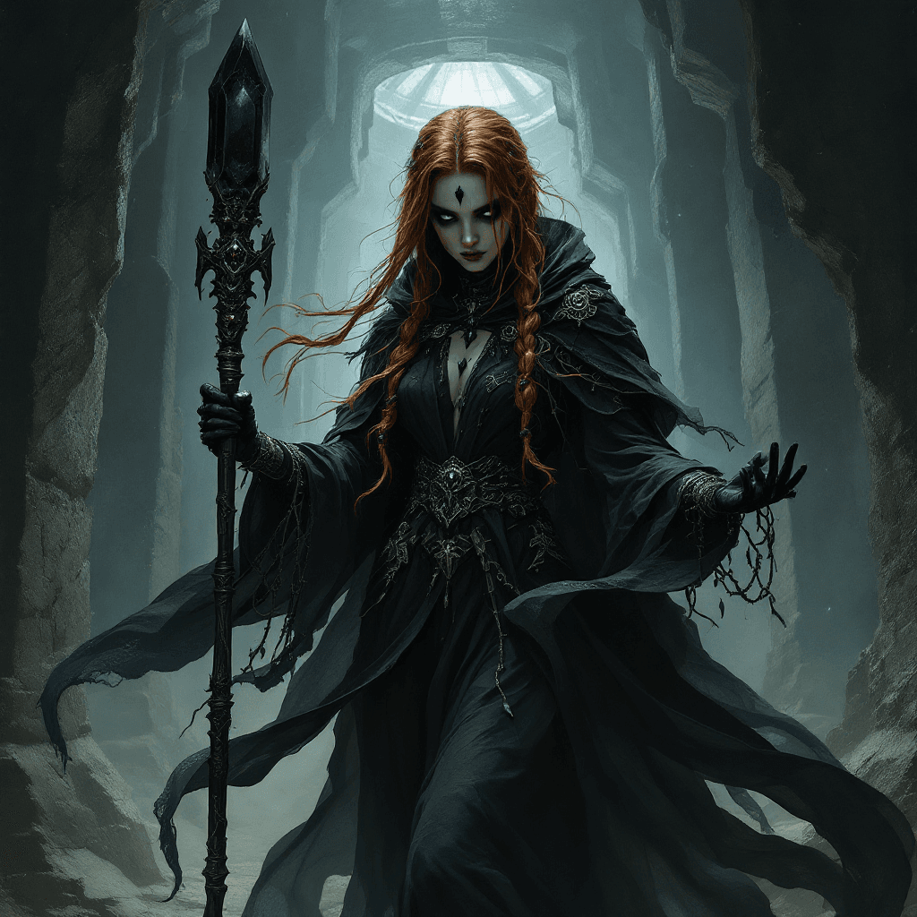 AI generated: The Shadowbinder of the Obsidian Labyrinth: A powerful woman with long, dark auburn hair, often pull...