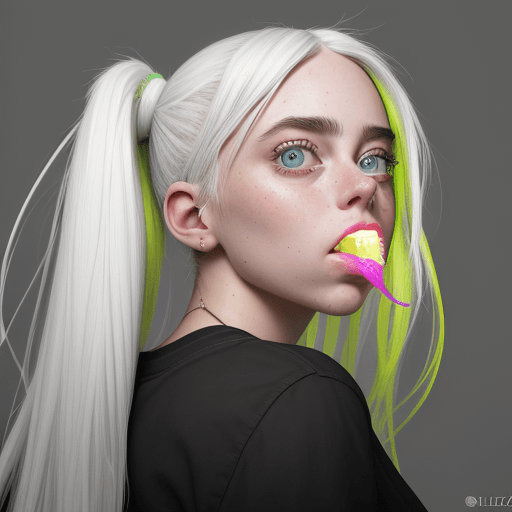 AI generated: (pictured from thighs to head), Billie eilish photography, direct flash light, bright, strong contra...