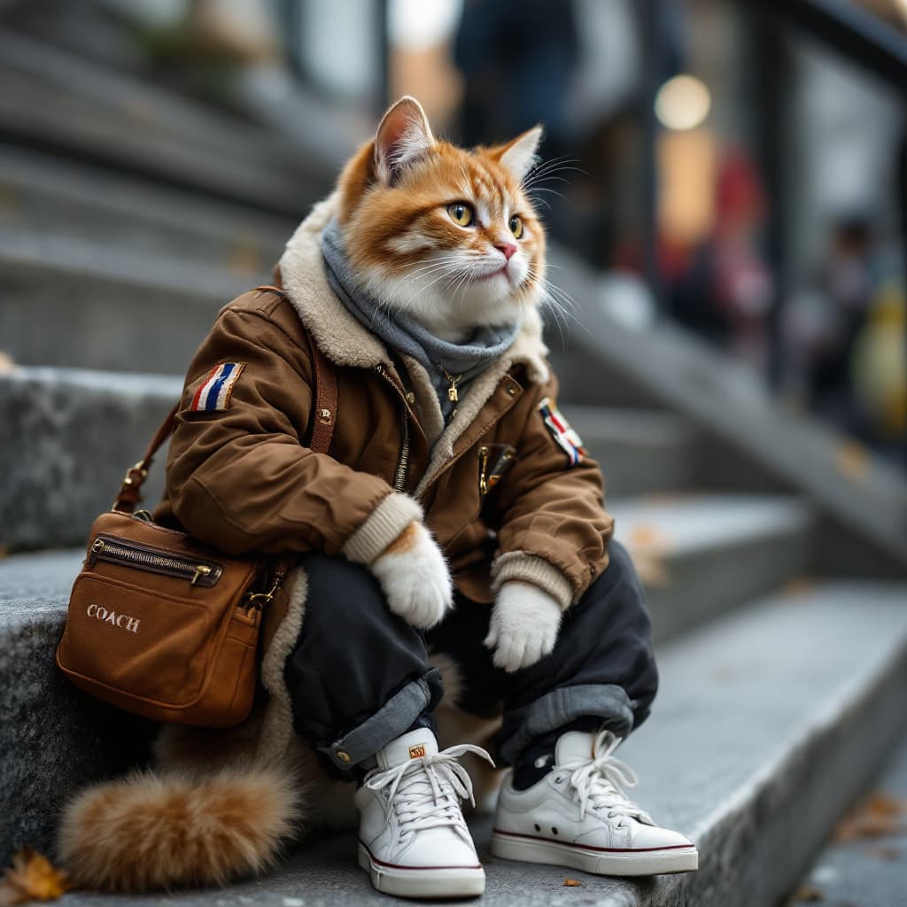 AI generated: anthropomorphic, a cat named ”street style KOL kitty” wearing dark brown flight jacket, and white sn...