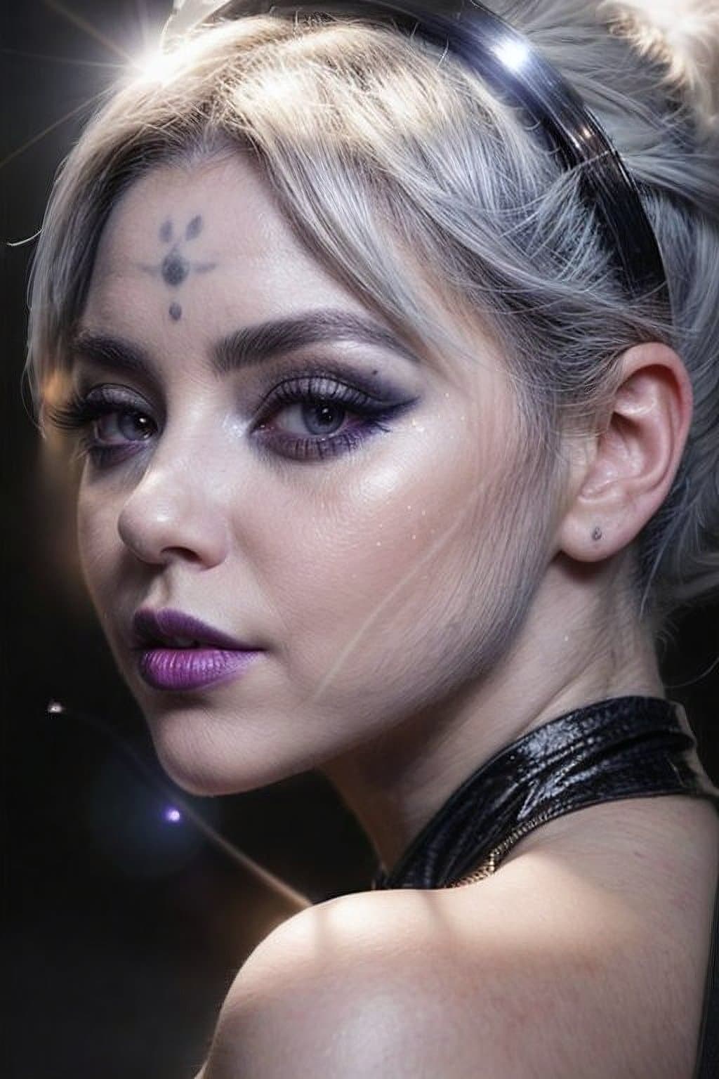 AI generated: Photo realistic young Farscape Chiana, kissy face, full Farscape Chiana white face paint, black shad...