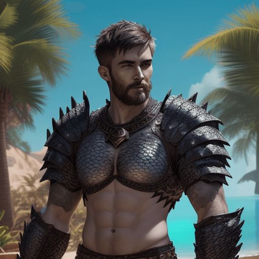 AI generated: A dark short hair man, draconic armour, scruffy, scales, shirtless, bright oasis background