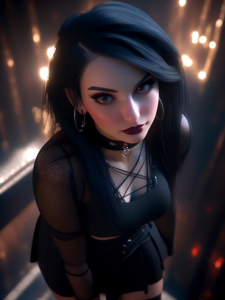 AI generated: Angled photo of a seductive cute young lady wearing goth attire and a sexy mini skirt, looking upwar...