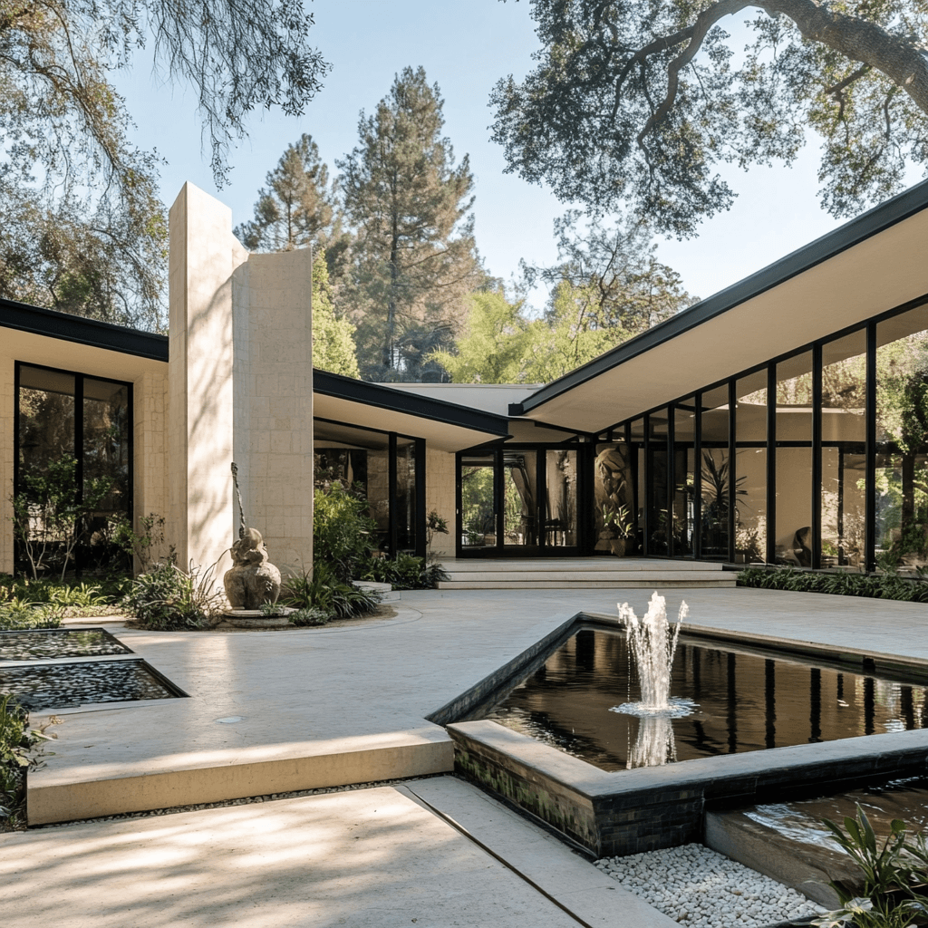 AI generated: mid-century modern mansion themed around the mythical griffin, featuring bold angular shapes, a
maj...