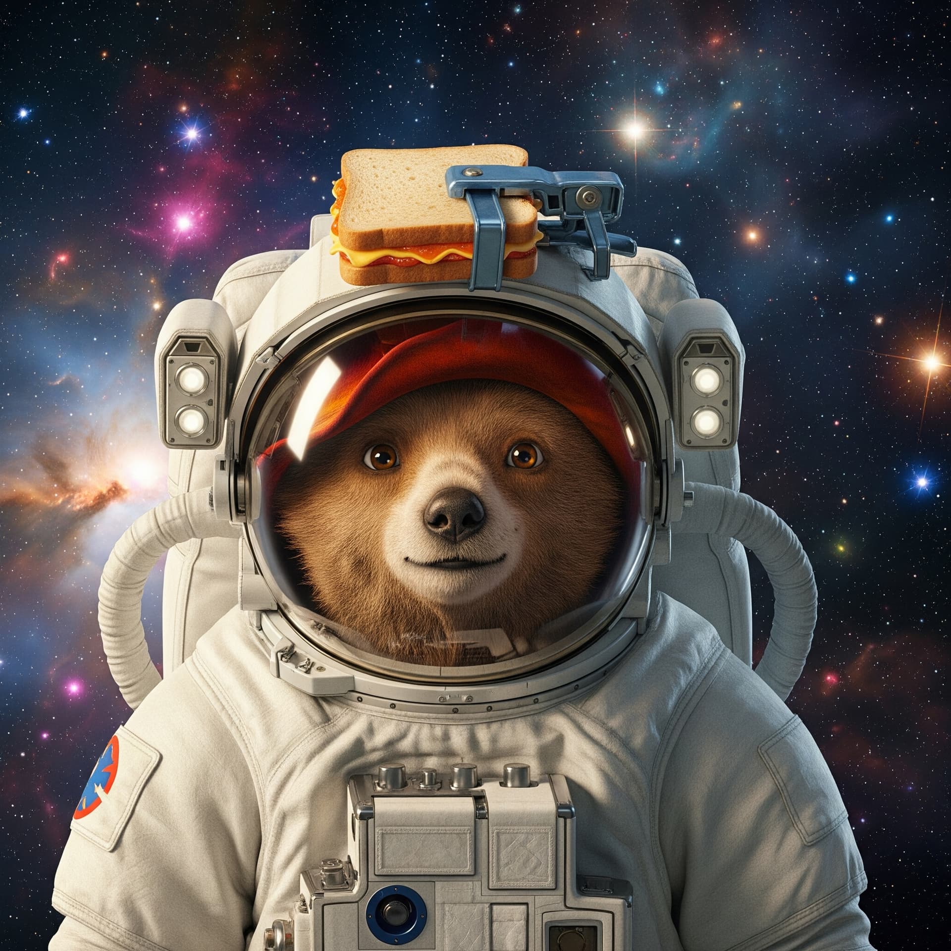 AI generated: Paddington Bear as an astronaut, wearing a space suit, with an orange marmalade sandwich clipped to ...