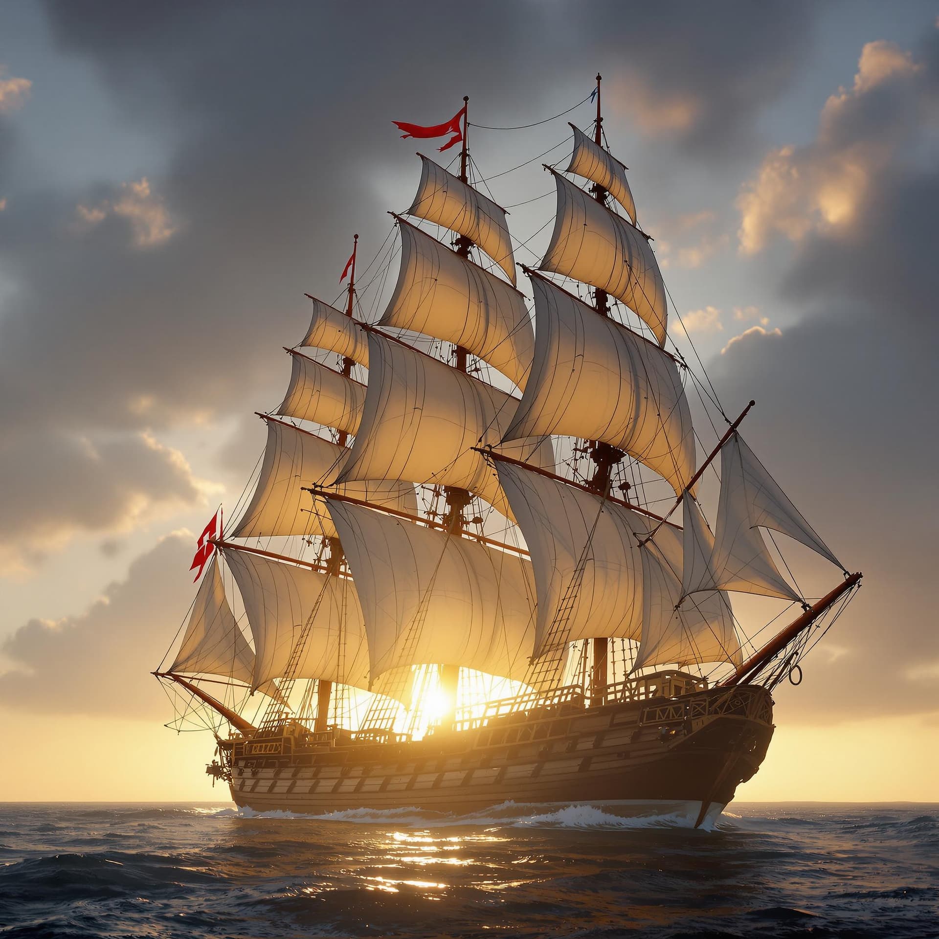 AI generated: Photo of a ultra realistic sailing ship, dramatic light, pale sunrise, cinematic lighting, battered,...