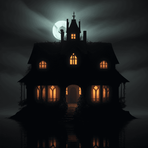 AI generated: an isolated haunted house in the smallest isle in the night lake with a forest around, the light of ...