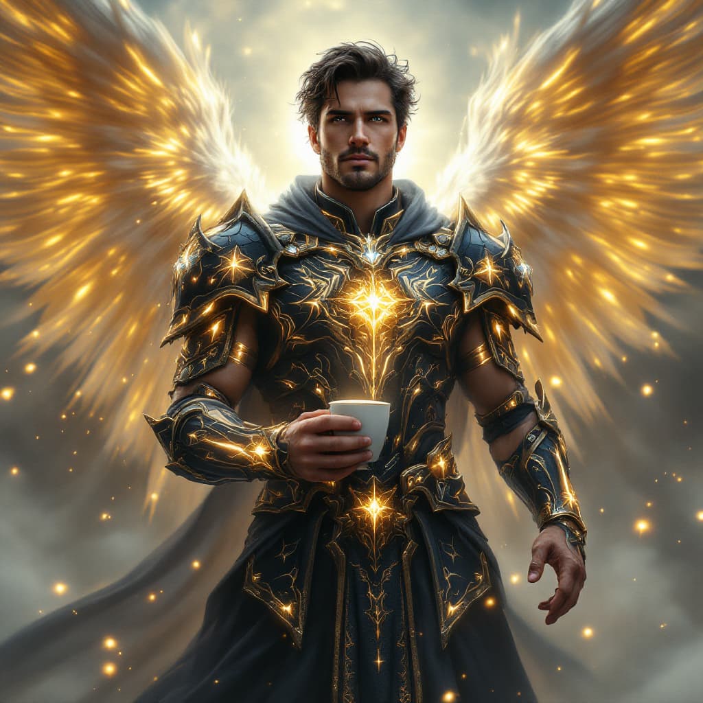 AI generated: An ultra-realistic, full-body portrait of a celestial warrior, exuding divine power and unwavering r...
