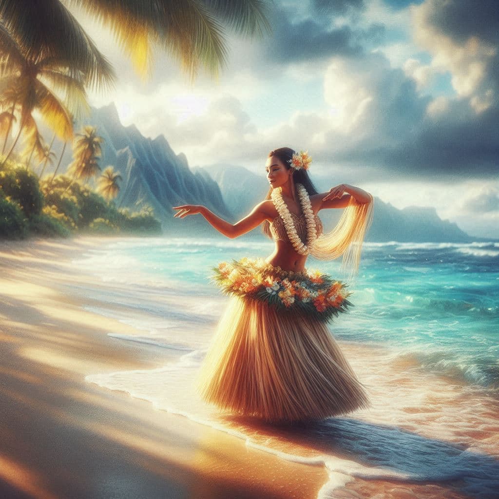 AI generated: a beautiful traditional Hawaiian hula dancer on a beautiful tropical beach, ethereal and dreamy phot...