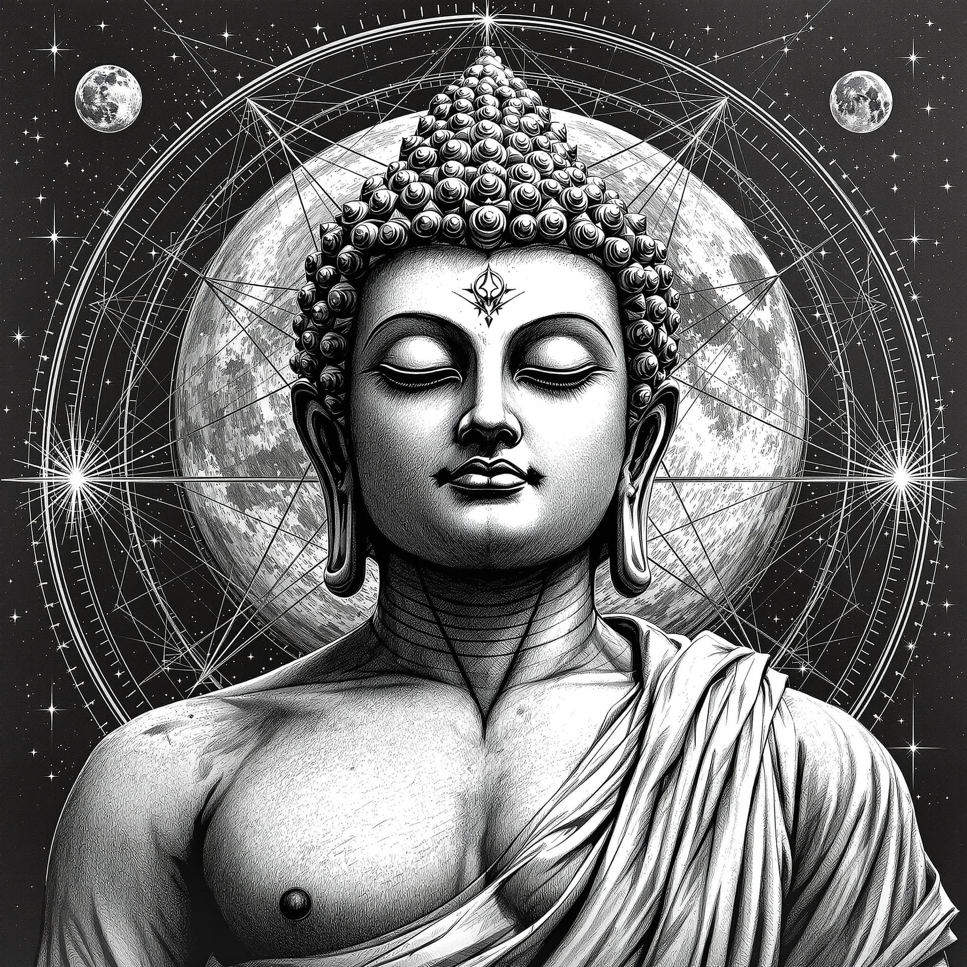 AI generated: Renaissance ((Budha) )), mythic  figure with the head, human body of a classical statue, frontal sym...