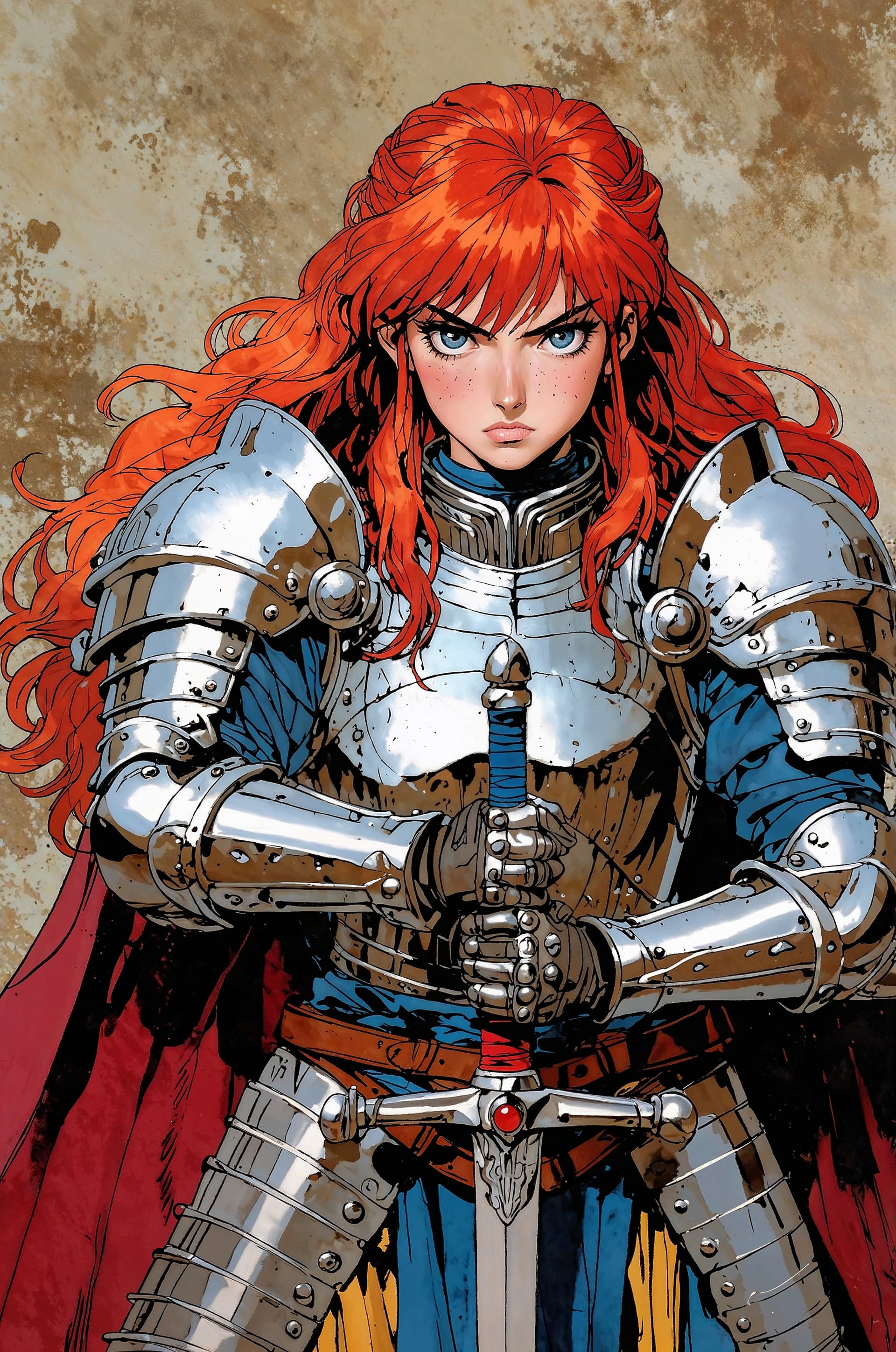 AI generated: A striking, young and Beautiful warrior princess with stunning red hair and piercing blue eyes stand...