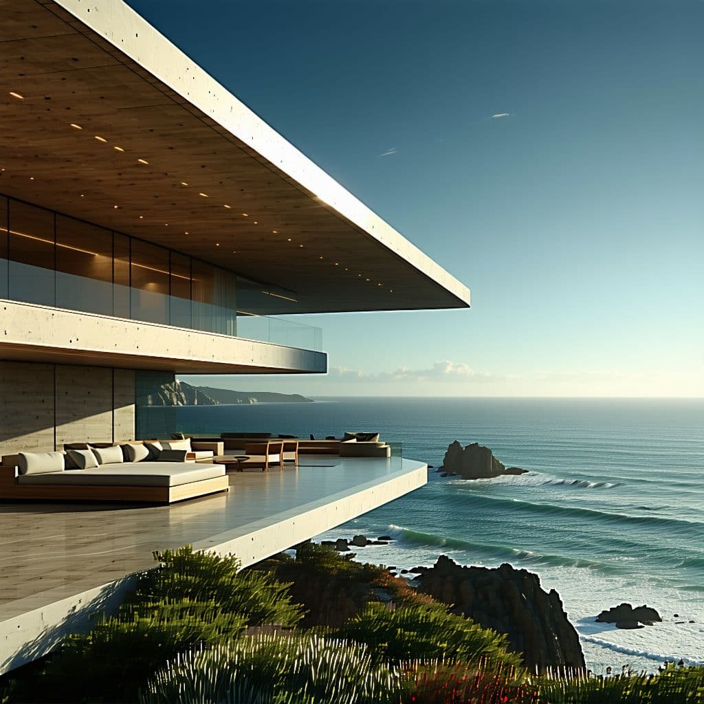 AI generated: Hyper realistic eye level exterior photo of a mid century modern style house overlooking the ocean, ...