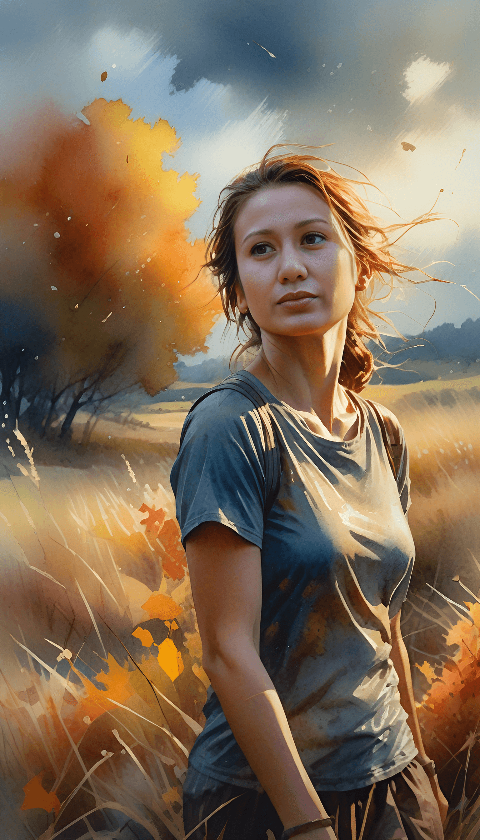 AI generated: Autumm is here. Windy, light rainy, a woman with an umbrella is wandering through the landscape, atm...