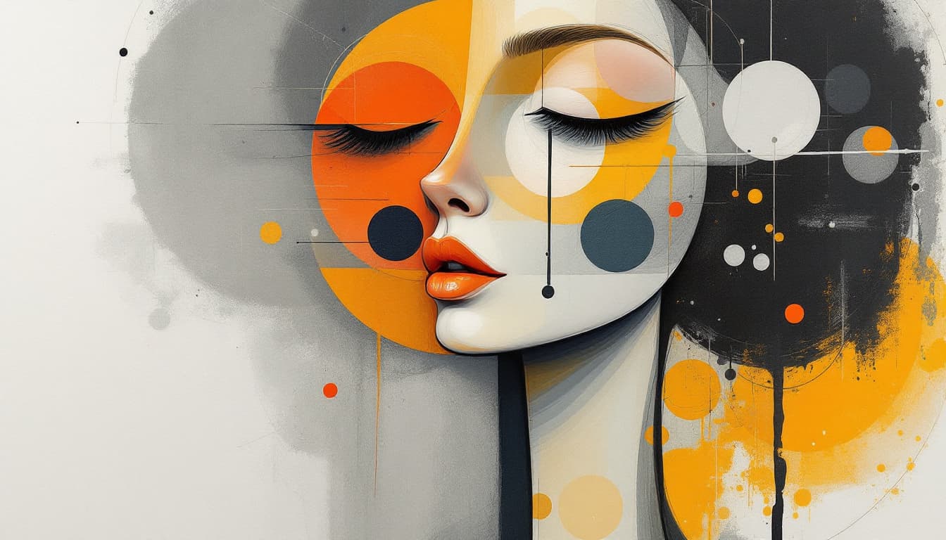 AI generated: a girl with closed eyes and her head a little up, abstract realism painting in orange and grey with ...