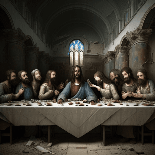 AI generated: Reimagine a notable painting of ‘ The Last Supper’ set within a post-digital dystopian landscape. Th...