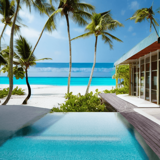 AI generated: High resolution stock photo of a luxurious beachfront villa on a golden beach in the Maldives, stunn...