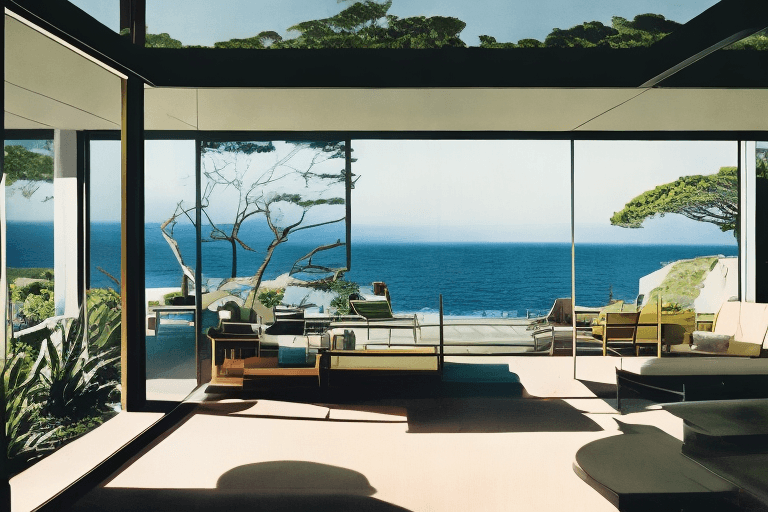 AI generated: Hyper realistic eye level exterior photo of a mid century modern style house overlooking the ocean, ...