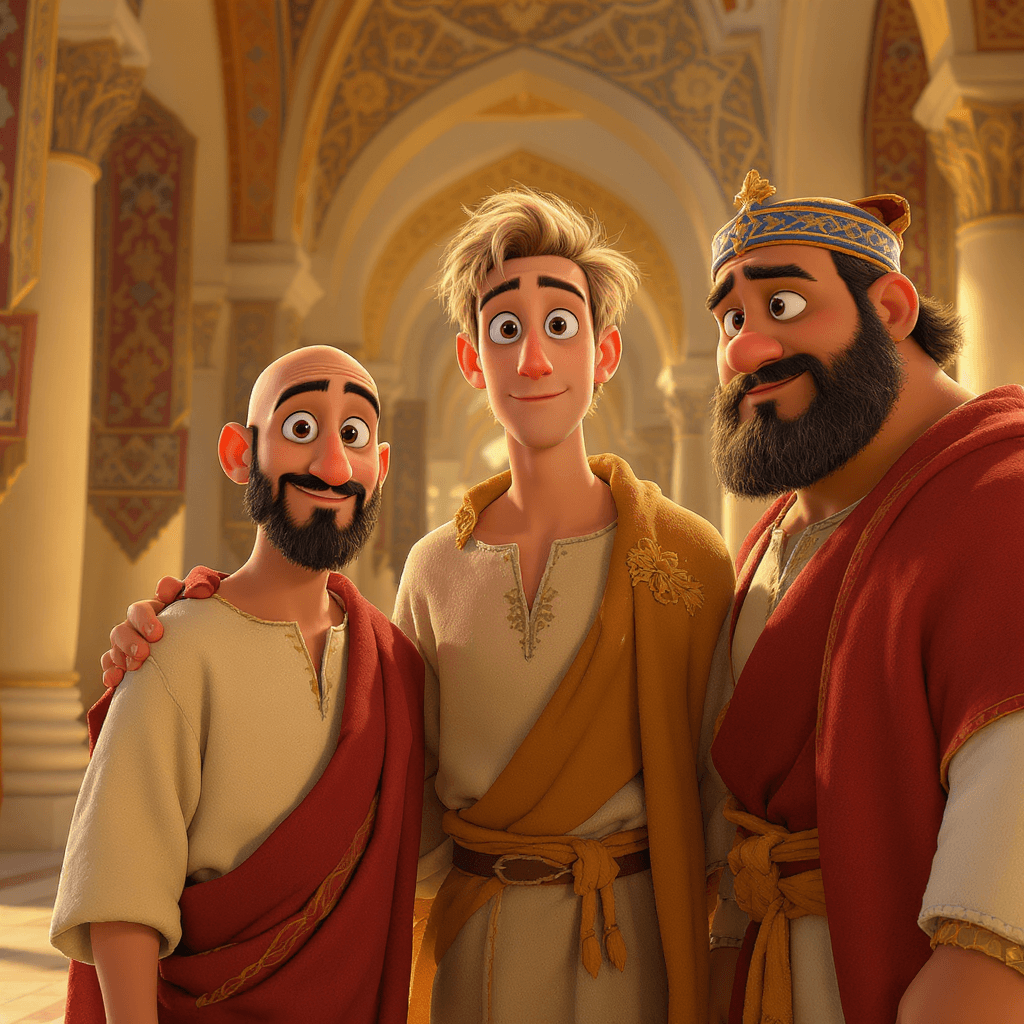 AI generated: A 3D animated scene in the style of Pixar, featuring the Three Wise Men standing together in a brigh...