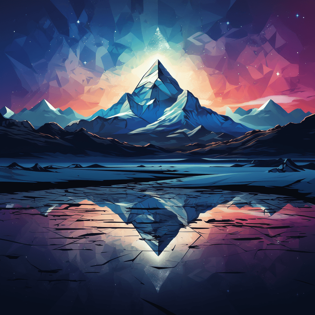 AI generated: T shirt design logo, mountain hike, Newton Fractal, serene lake, no words, sharp edge, clean and blu...