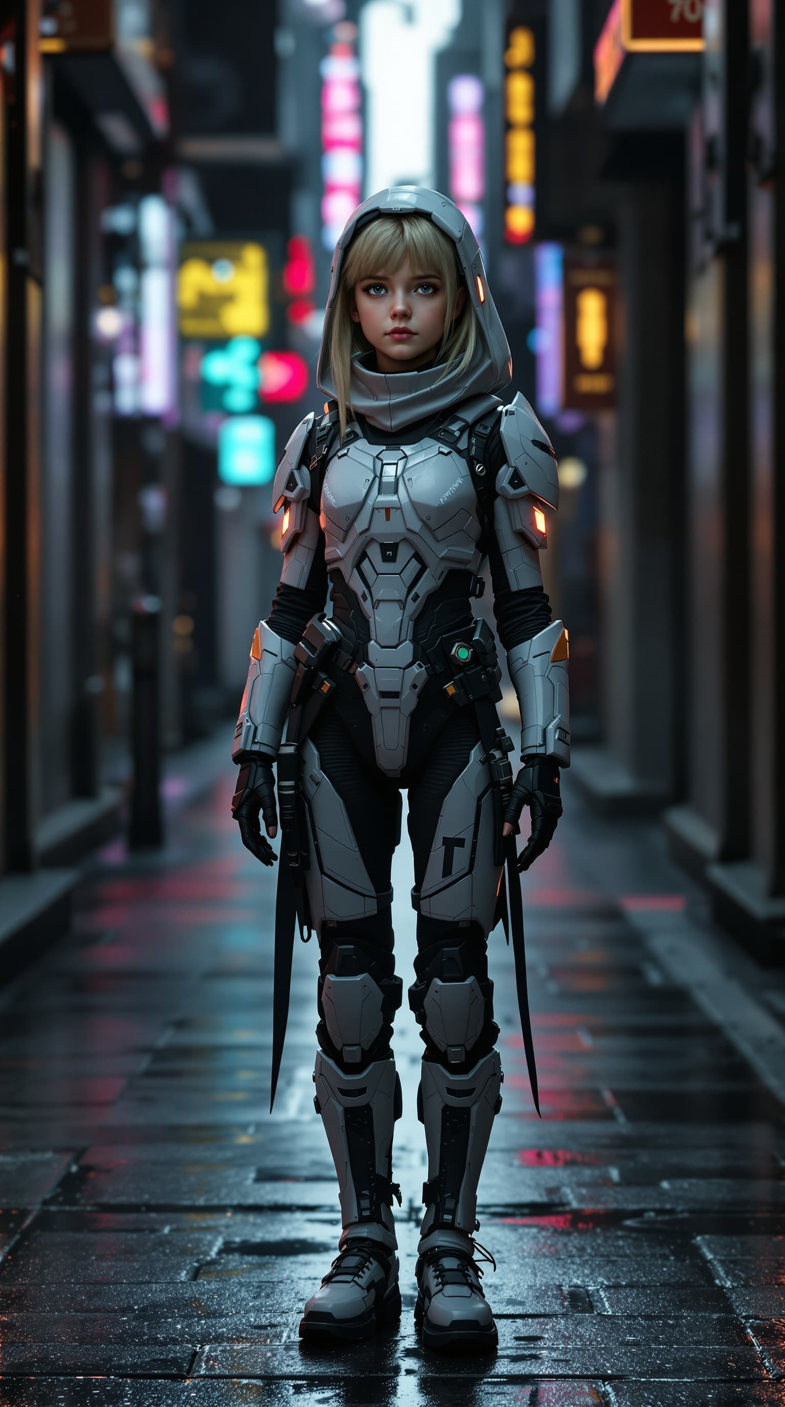 AI generated: hyper-realistic depiction of a twelve year old Kathryn Newton dressed in a lightly armored futuristi...