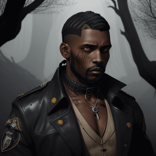 AI generated: A black man, with short fade and line in hair, in a torn, government issued, blood stained trench co...
