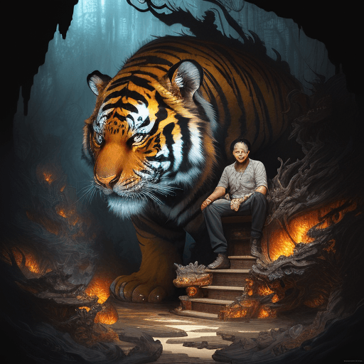 AI generated: Asian Man And A Huge Malaysian Tiger. In A Cave, Twisted Forest Of Fire, Close-Up, Dark Fantasy, Int...
