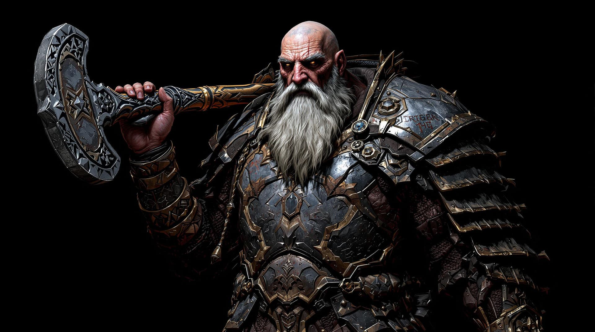 AI generated: Create a full-body image of an elderly, humanoid warrior, a towering and majestic figure with a heav...