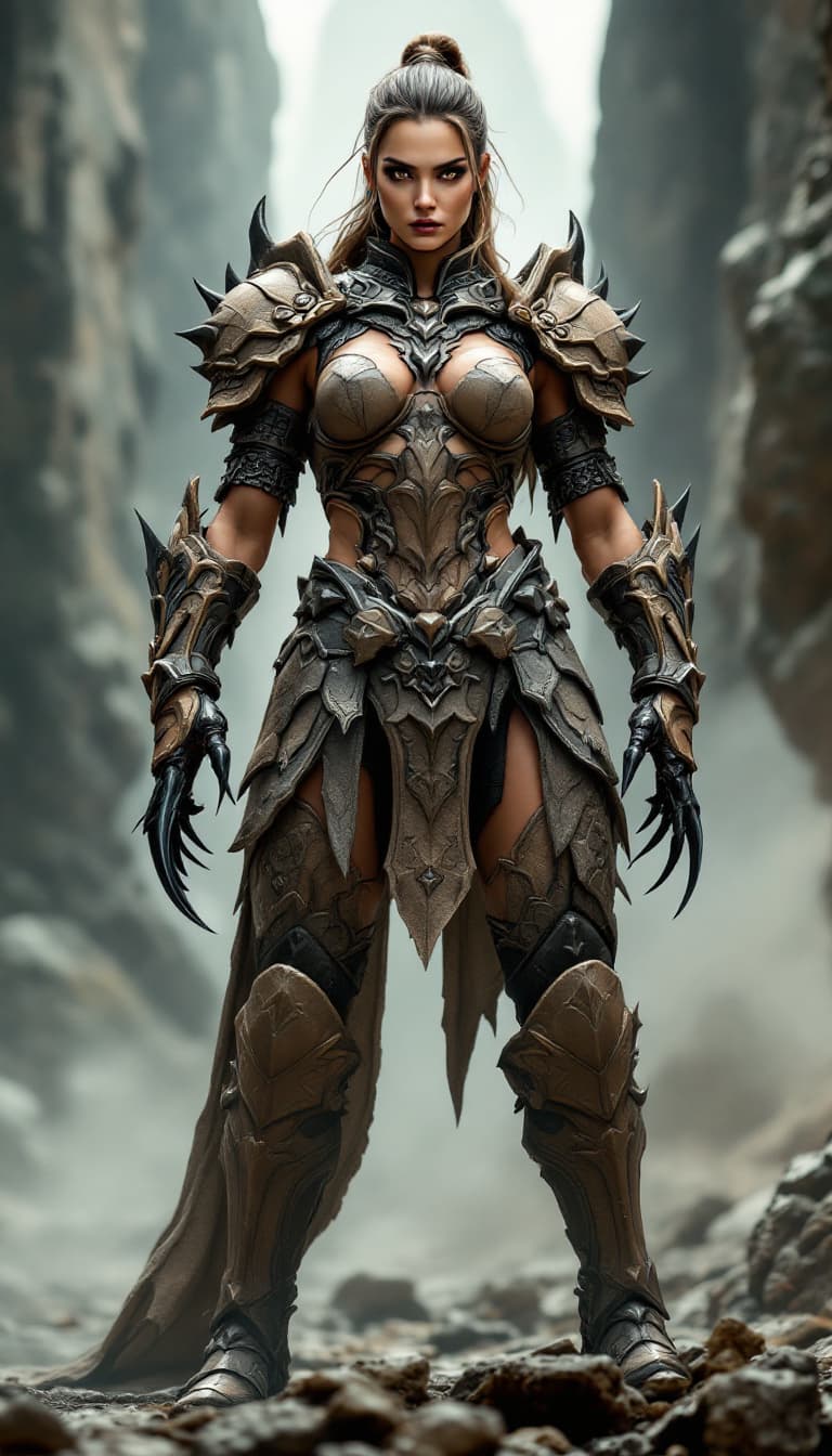 AI generated: A full body photo shot of a powerful and imposing image of a (stone sentinel) wearing heavy, earth-t...
