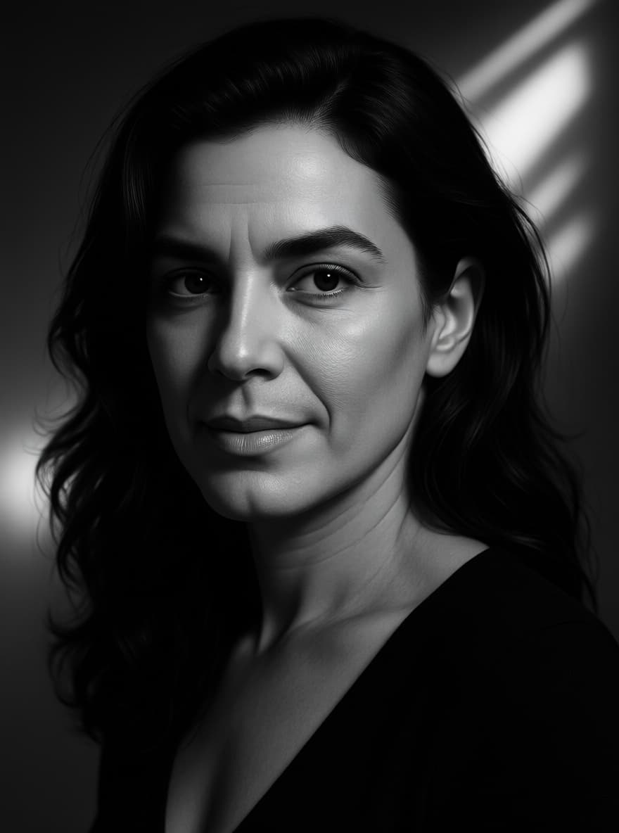 AI generated: black and white photography, fashion editorial, a close up portrait of darkhaired beautiful woman is...