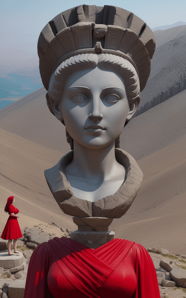 AI generated:  Statue head on Mount Nemrut in Turkey and a woman in a red dress looking at it    a large statue, m...